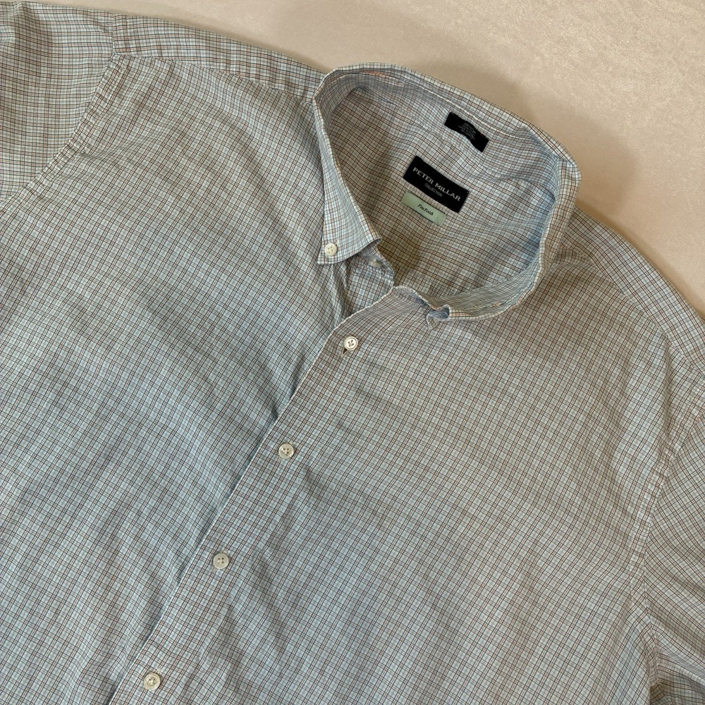 Peter Millar Collection Shirt Mens 2XL Blue Orange Plaid Flex Finish Button Down